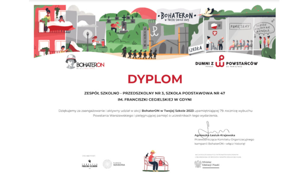 dyplom za udział w projekcie BohaterOn