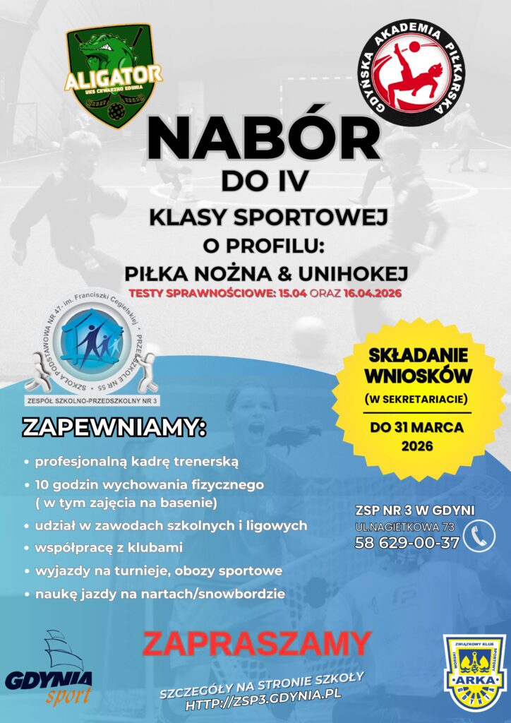 plakat informujący o zapisach do klasy IV sportowej w roku szkolnym 2026/2027